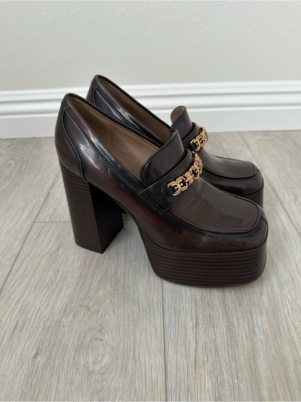Sam Edelman Brown Patent Platform Block Heel Loafers with Gold Chain Accent